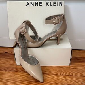 Anne Klein Beige Ankle Strap Heels, taupe kitten heels, wedding shoes
